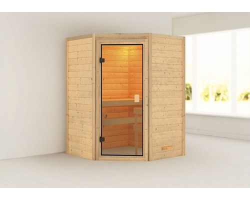 Hoeksauna met glazen deur en interieur in lichte kamer