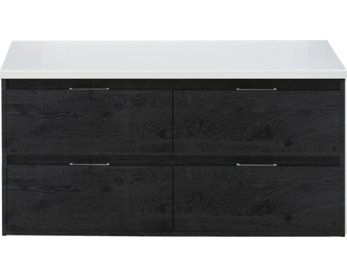 Badkamermeubel Porto 120 cm 4 laden black oak incl. bovenblad wit mat