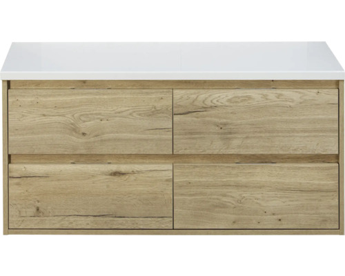 SANOX Badkamermeubelset Porto met wastafelblad 58x120,2x50 cm natuur eiken Wastafelonderkast met vier lades en een wit blad