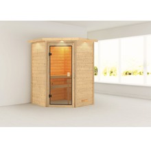Houten sauna met glazen deur in een lichte ruimte