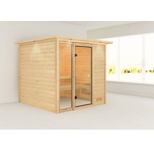 Houten sauna met glazen deur en banken