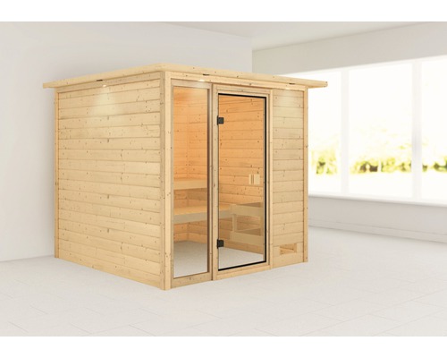 Houten sauna met glazen deur en banken