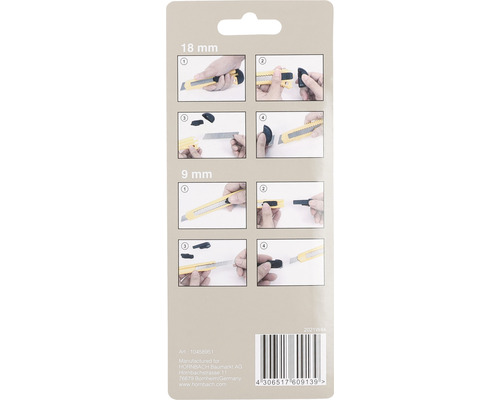 Verpakking met illustraties voor de mesvervangingsinstructies voor 18 millimeter en 9 millimeter stanleymessen