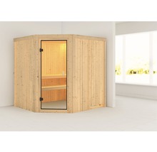 Hoeksauna met glazen deur en houten bekleding in licht hout