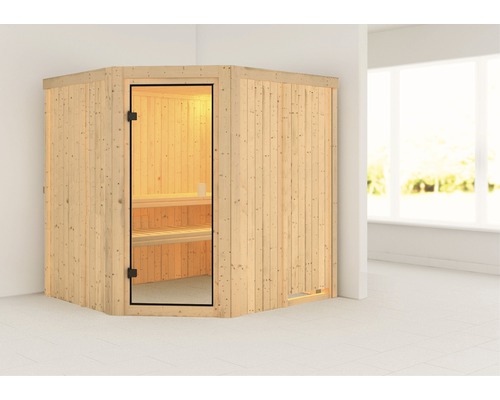 Hoeksauna met glazen deur en houten bekleding in licht hout