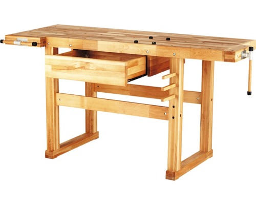 Houten werkbank met lade en bankschroef