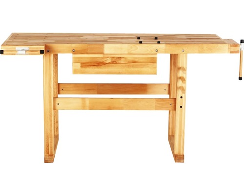 Houten werkbank met lade en bankschroef