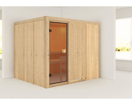 Houten sauna met glazen deur in kamer