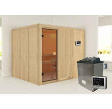 Houten sauna met glazen deur en saunakachel met stenen