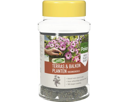 Pokon meststofkegels voor terras- en balkonplanten in transparante verpakking met gele deksel