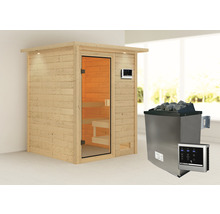 Houten sauna met glazen deur en saunakachel met stenen