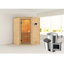 Houten sauna met glazen deur en saunakachel