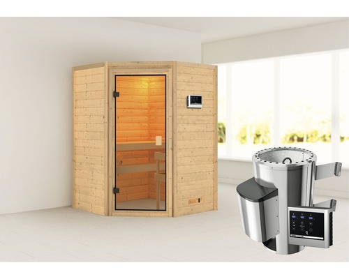 Houten sauna met glazen deur en saunakachel