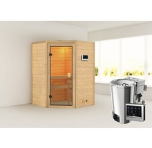 Interieur van een sauna met saunakachel en bedieningspaneel.