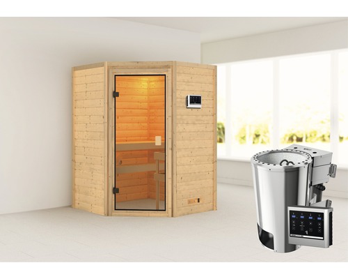 Interieur van een sauna met saunakachel en bedieningspaneel.