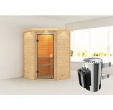Houten sauna met glazen deur en saunakachel