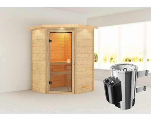 Houten sauna met glazen deur en saunakachel