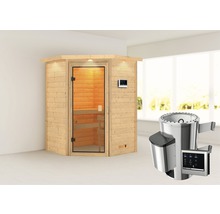Houten hoeksauna met bediening en kachel