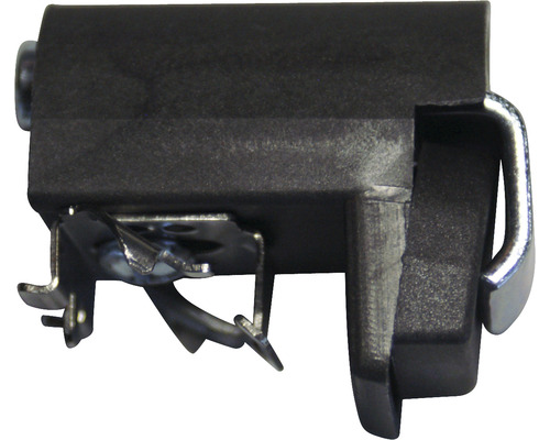 Kunststofverbinder met metalen klemmen voor bevestiging.