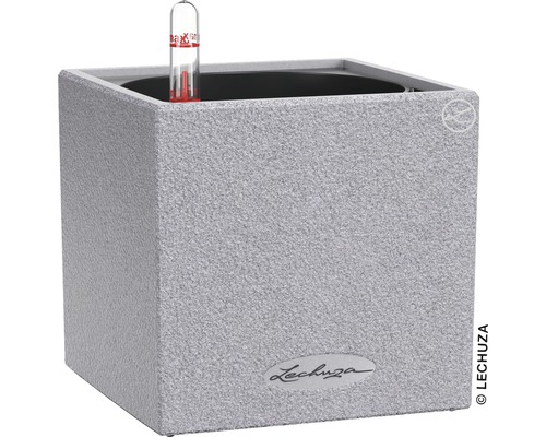 LECHUZA Plantenbak Canto Stone Kunststof All-in-One Set grijs 14 x14 x 14 cm Vierkante plantenbak met waterniveau-indicator en Lechuza-logo