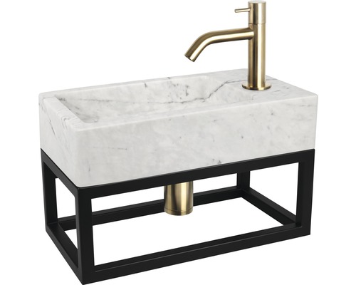 Wastafel met marmeren waskom, gouden kraan en zwart metalen frame