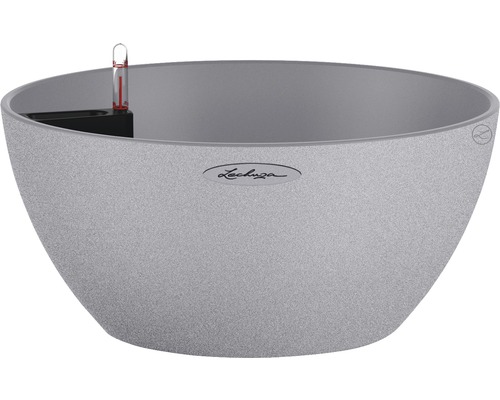 LECHUZA All-in-One Set Plantenschaal Stone Cubeto Kunststof grijs Ø 40 cm H 18 cm Grijze plantenbak met waterniveau-indicator en irrigatiesysteem