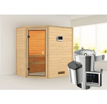 Houten sauna met glazen deur, saunabesturing en saunakachel