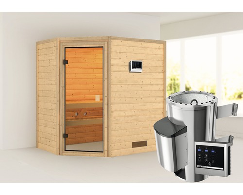 Houten sauna met glazen deur, saunabesturing en saunakachel
