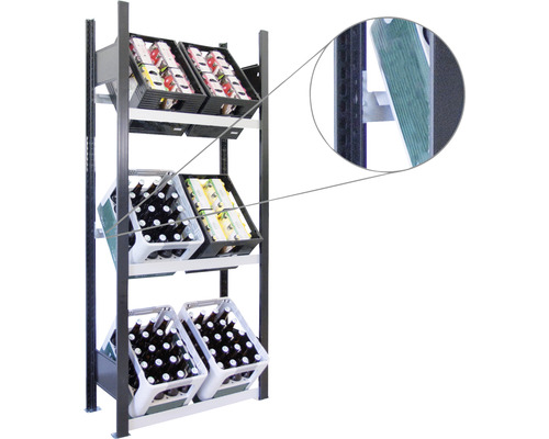 Stellingkast met drankkratten en detailopname van de stellingconstructie