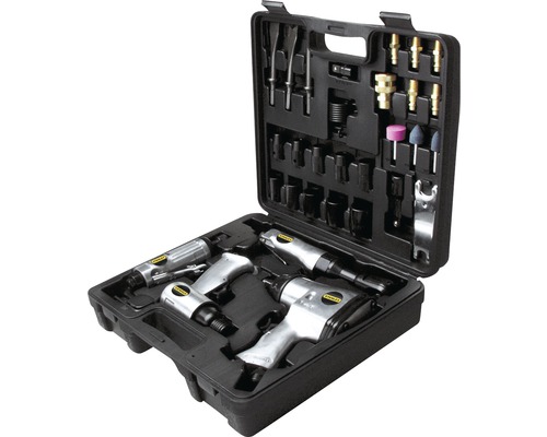 Stanley Logo pneumatische gereedschapsset met verschillende gereedschappen en accessoires in een zwarte kunststof koffer