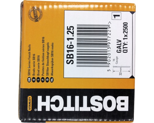 BOSTITCH Afwerknagel 16 Gauge SB16-1.25 1,6x32 mm gegalvaniseerd, 2500 stuks Stanley Bostitch SB16 serie afwerkspijkers, 1 verpakking van 2500 stuks