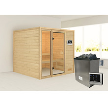Houten sauna met glazen deur en saunakachel