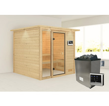 Houten sauna met glazen deur en saunakachel