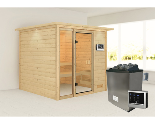 Houten sauna met glazen deur en saunakachel
