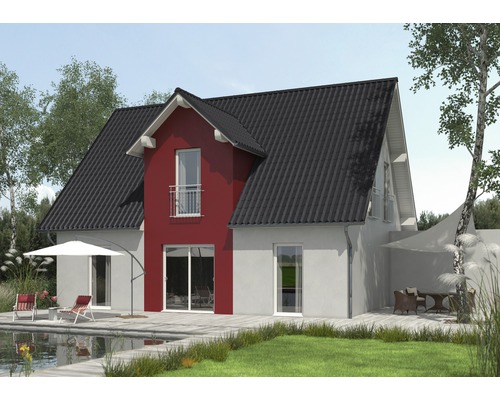 Een moderne eengezinswoning met een donker dak, terras en tuin.