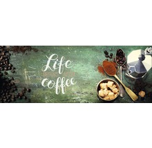 Stilleven met koffiebonen, suiker, koffiepoeder en espressomachine