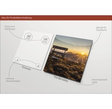 Glasfoto productbeschrijving: Voor- en achterkant met ophanging en afstandhouder