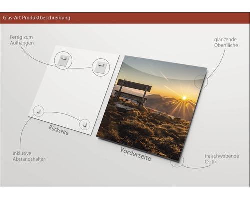 Glasfoto productbeschrijving: Voor- en achterkant met ophanging en afstandhouder