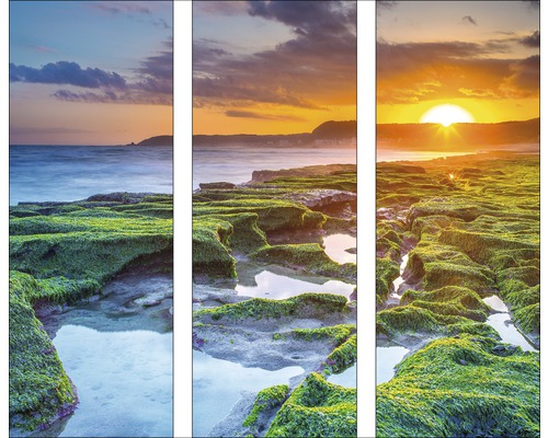 Meerdelige wanddecoratie met kustlandschap en zonsopgang