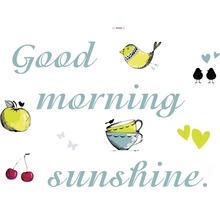 Afbeelding met de tekst Goedemorgen zonneschijn, vogels, appels, kersen, kopjes en hartjes
