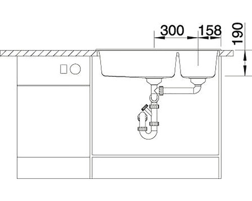 Tekening van een aanrechtspoelbak met afmetingen en onderkast