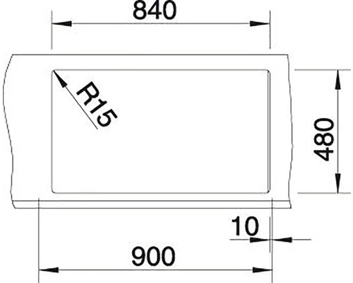 Technische tekening van een rechthoek met afgeronde hoeken en de afmetingen 900, 840 en 480.