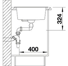 Technische tekening van een spoelbak met afmetingen voor installatie