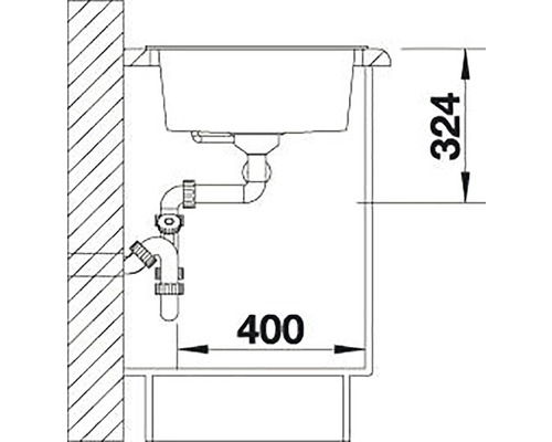 Technische tekening van een spoelbak met afmetingen voor installatie