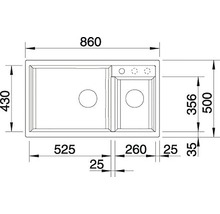 Tekening van een spoelbak met afmetingen