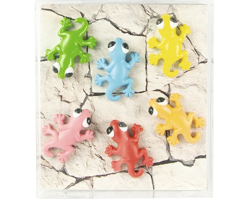 Zes kleurrijke gekko-figuren op een gestructureerde achtergrond