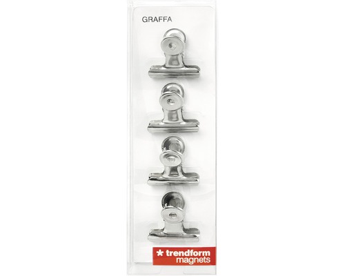 Vier magnetische metalen clips in een verpakking