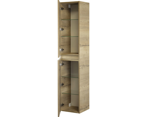 Hoge kast met glazen planken in open toestand