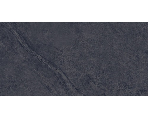 Wand- en vloertegel Onyx zwart gepolijst 30x60 cm gerectificeerd Close-up van een donkere keramische tegel met een mat oppervlak en een natuurlijke steenlook.