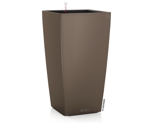 LECHUZA All-in-One Set Plantenbak Color Cubico Kunststof bruin 22 x 22 x 41 cm Hoge, vierkante plantenbak met waterniveau-indicator.